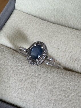 Genuine Ceylon Blue Sapphire and Sterling Silver Ring - size 8
